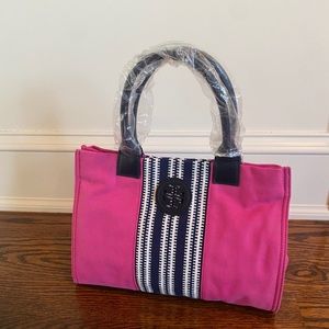 Tory Burch Center Stripe Ella Small Tote Bag pink canvas tote